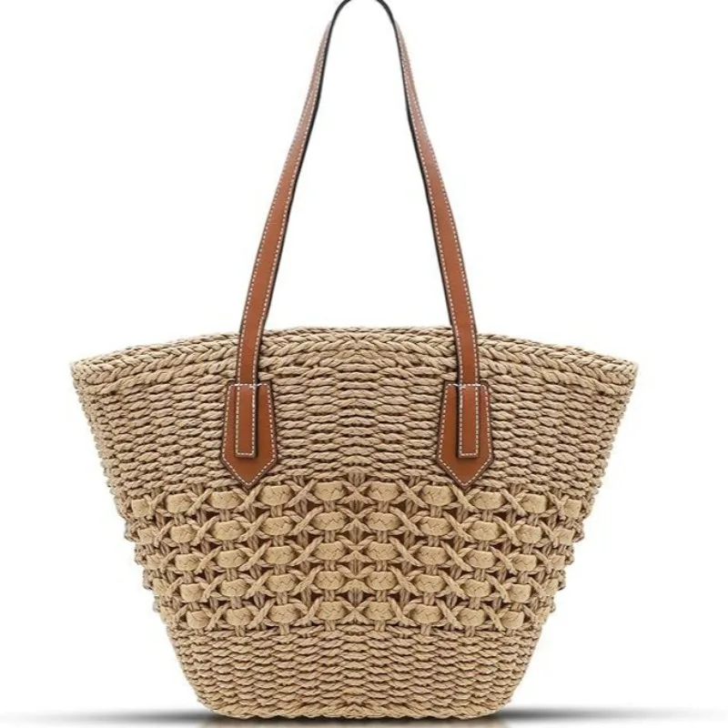 New Women's Straw Shoulder Bag Large Rattan Crochet Woven Totes Summer Travel Beach Handbag Hollow Handmade Top Handle Purse