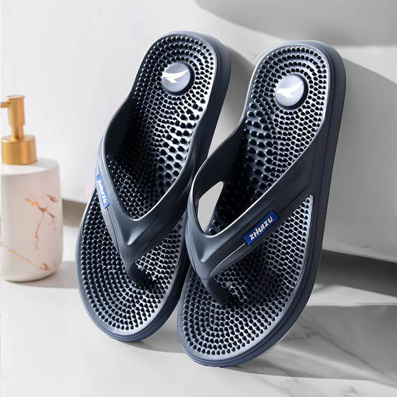 Massaging Thong Slippers Men's Indoor Anti-Slip Acupoint Soft Bottom Foot Therapy Summer Slippers Breathable Flat Heel Rubber