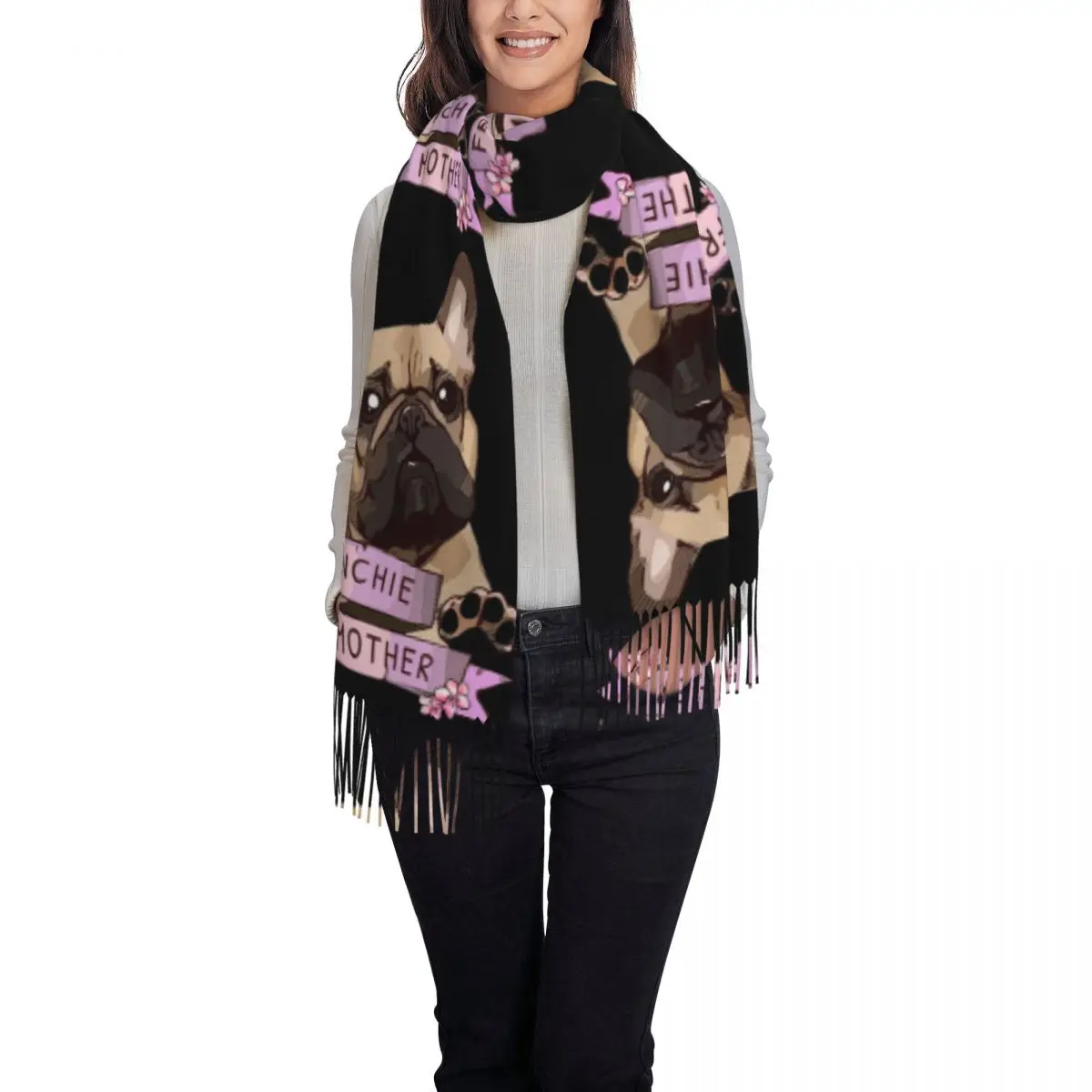フレンチブルドッグ愛好家向け フレンチブルドッグママ スカーフ タッセル付きスカーフ レディース ソフトで暖かいショールとラップ ロング 秋 冬 ショール ラップ