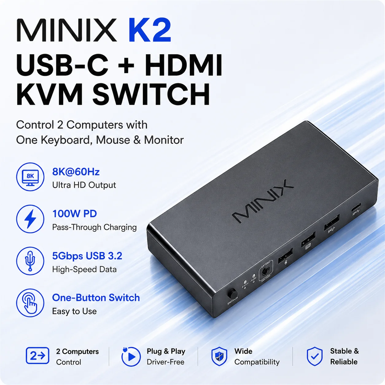 MINIX K2 KVM Switch 2 Computers USB C HDMI 8K 60Hz KVM Switcher 100W PD USB 3.2 Hub for Laptop PC MacBook Monitor Keyboard Mouse
