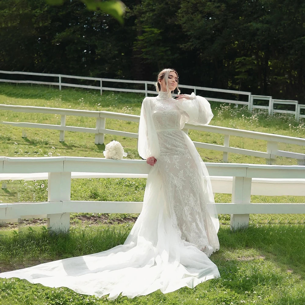 

Arabian Wedding Dresses High Neck Long Sleeve Elegant Bride Dress Mermaid Detachable Train Bridal Gown Customized robe de mariée