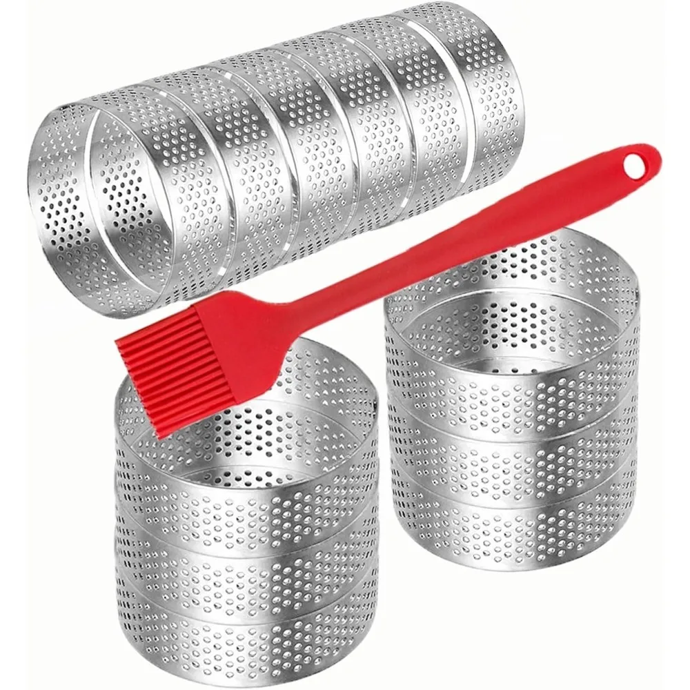 

Набор из 12 перфорированных форм для тартов из нержавеющей стали, антипригарные, 8 см, для муссовых тортов, равномерно распределение тепла, с кисточкой, для выпечки