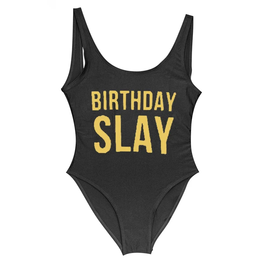 One Piece Swimsuit Birthday Slay Golden Letter print Swimwear Women High Cut Bathing Suit Plus Size Monokini Sexy Beachwear