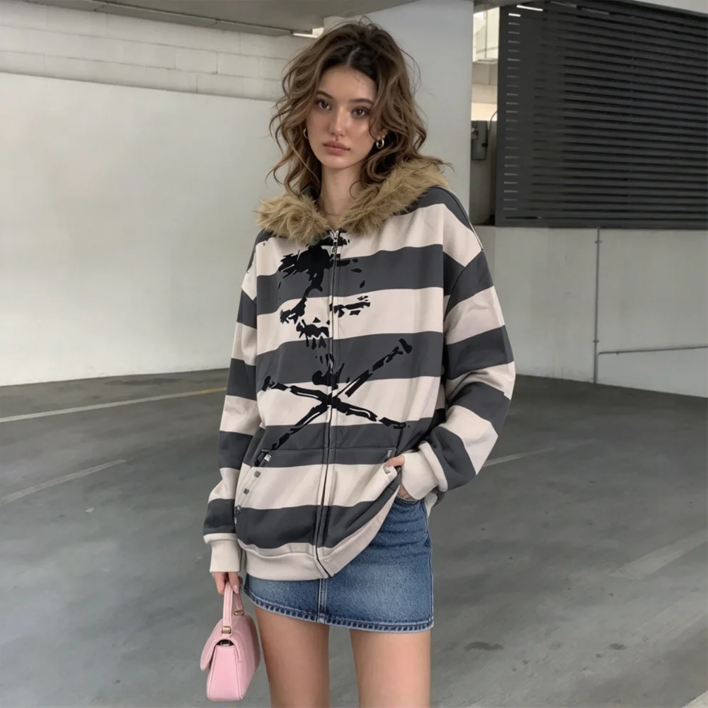Autumn Winter Faux Fur Collar Zip Hoodie Men Women, Gray Beige Stripe Skull Graphic Print Loose Streetwear Jacket With Hood
