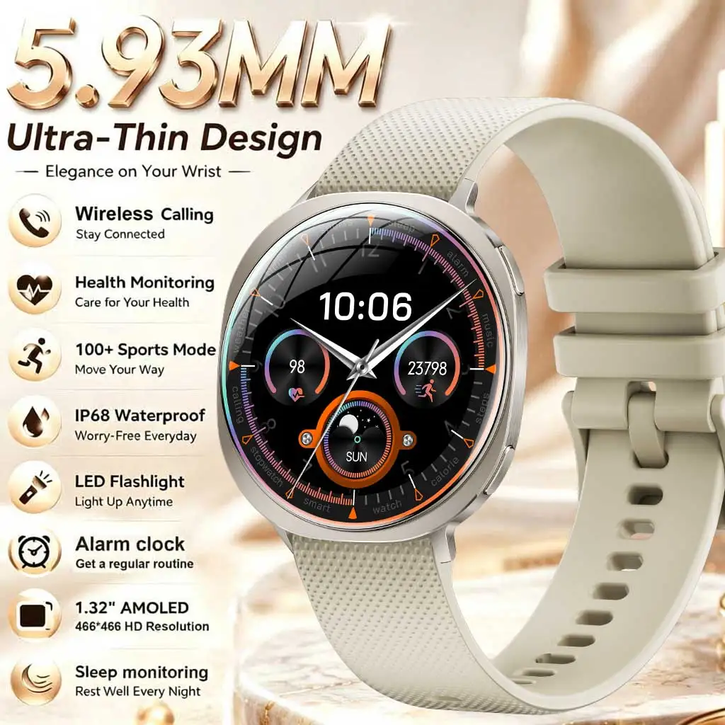 2026 Ultra-Thin Unisex Smartwatch, with a 1.32 inch AMOLED Display, Supports Heart Rate, Blood Oxygen and Sleep Monitoring.