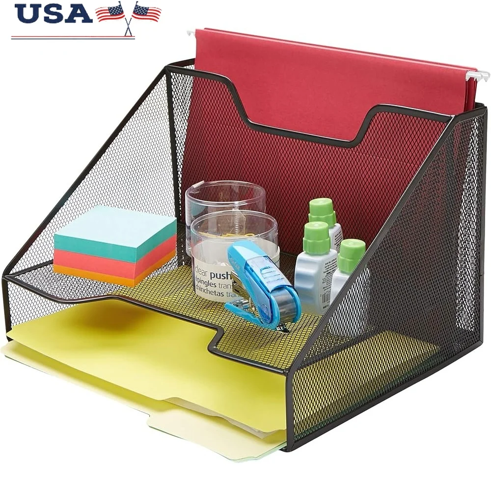 

3 Section Mesh Desk Organizer File Tray Papers Folders Stationery Accessories Sturdy Metal Design Office Storage Solution