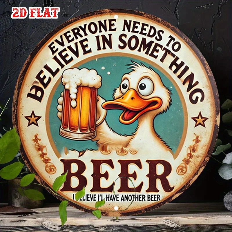 2D Flat Single Holiday Bar Aluminium Metall Blechschild, Quack Cheers Rundes Aluminiumschild Bier Humor Rustikaler Stil Metall Wanddekoration