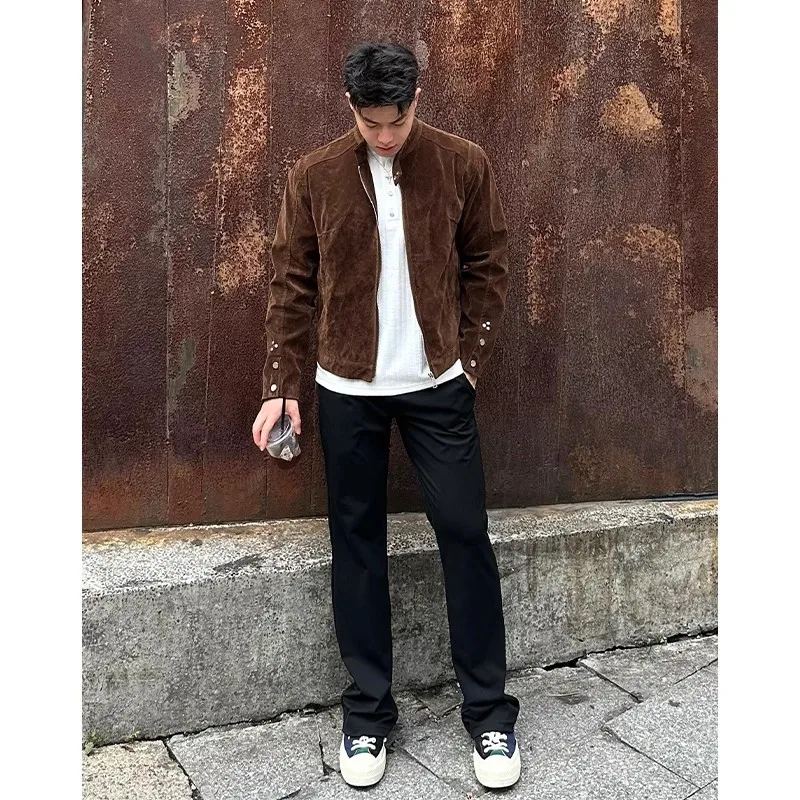 

Американская чистая посадка, коричневая куртка с воротником-стойкой, мужская осенняя куртка в стиле ретро, красивая короткая куртка на плечо