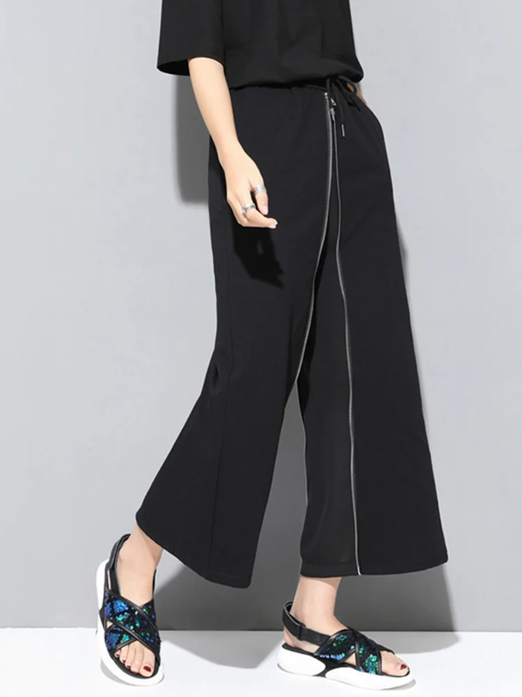 [EAM] High Elastic Waist Black Zipper Two Ways Wear Long Wide Leg Pants New Trousers Women Fashion Tide Spring Autumn 2024 JS994