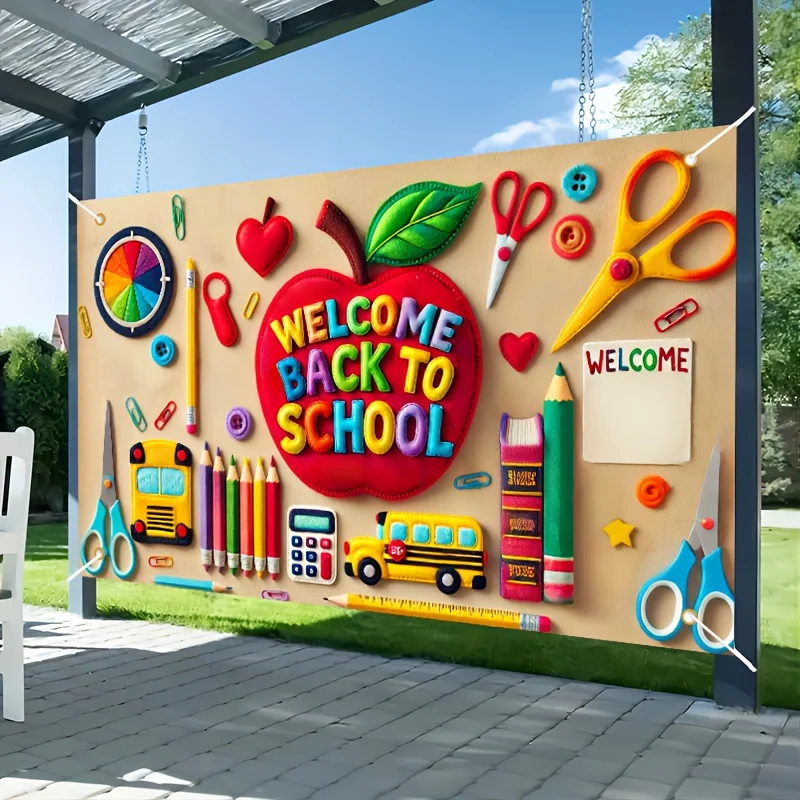 HEGO return to school banner with apple and pencil design, suitable for indoor and outdoor party decoration