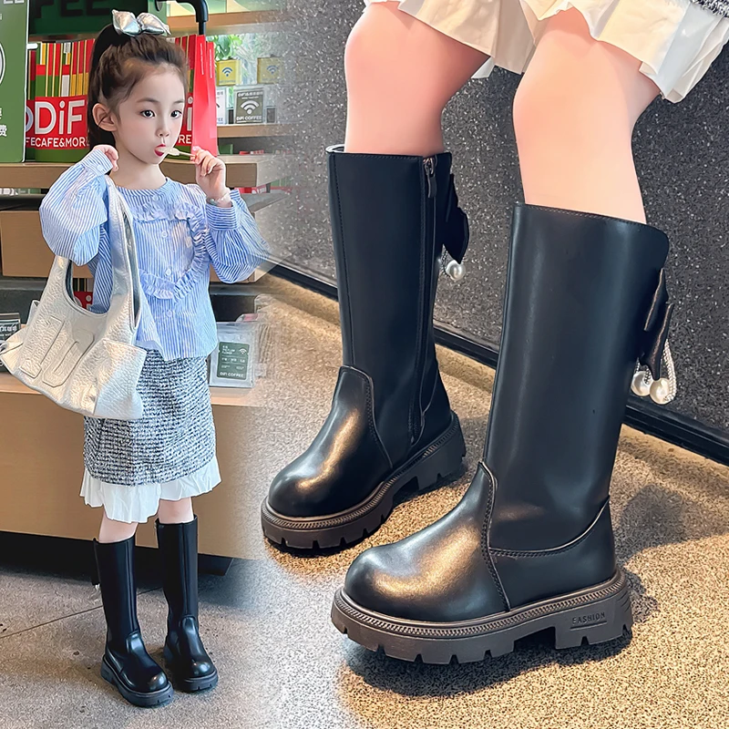 

Girls Long Boots Black Leather Padded Thickened Children's Cotton Shoes Size 26-36 Lightweight Non-slip Kids Leather Boots
