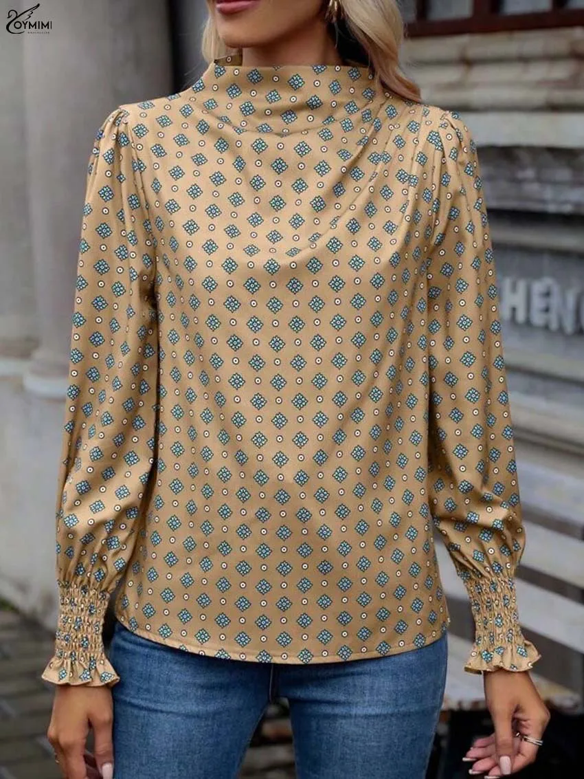 

Модная женская рубашка Oymimi коричневого цвета с принтом, элегантная рубашка с круглым вырезом и пуговицами, рубашки с длинными рукавами, летние атласные плиссированные блузки, женская одежда