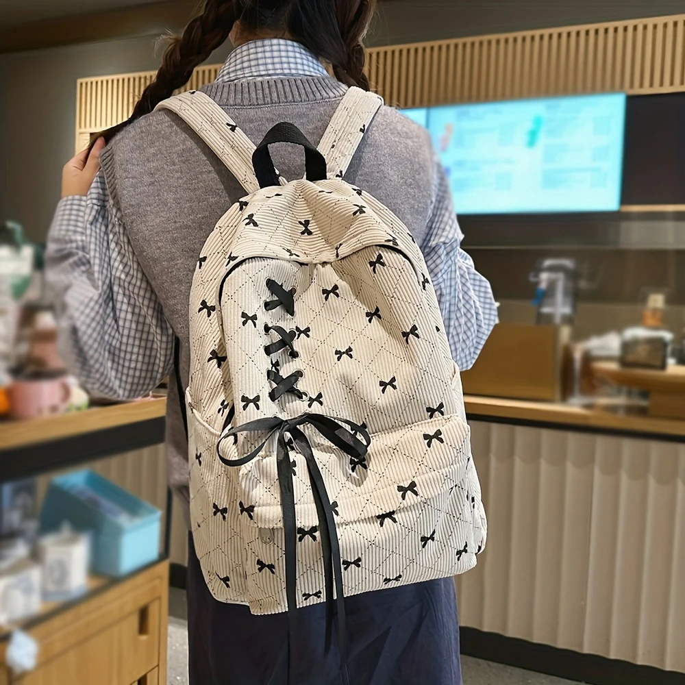 

Cute Bow Print Corduroy Backpack, Casual Aesthetic School Bag with Lace-up Detail & Adjustable Straps for Teen Girls