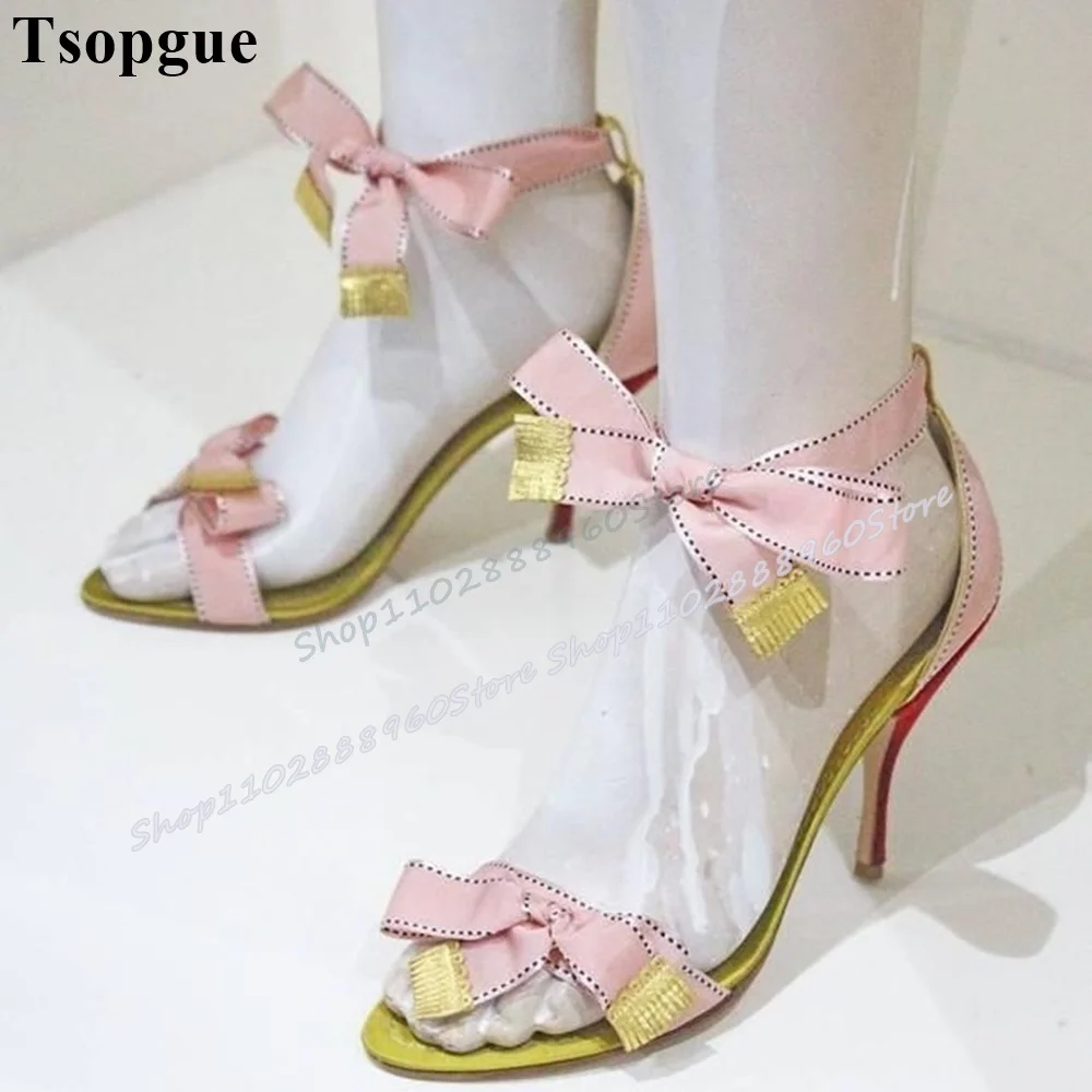 

Pink Cross Ribbon Bowknot Sandals Stilettos High Heel Shoes For Women Lace Up Open Toe Fashionable Party Casual Women Sandals