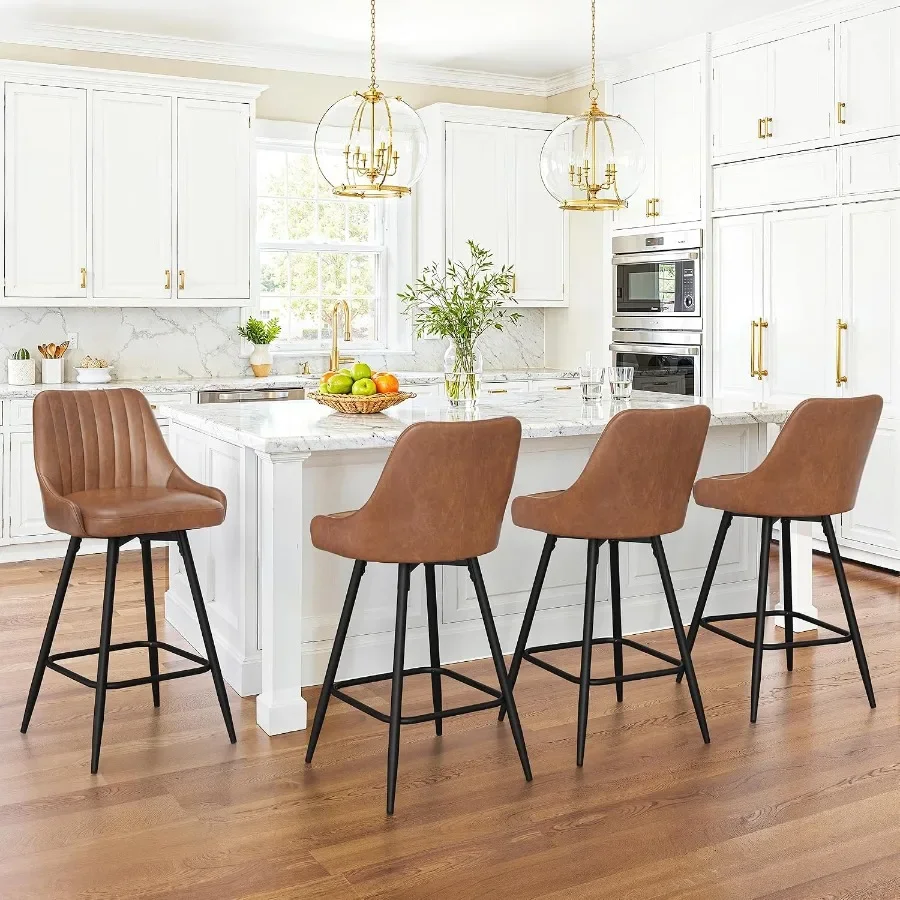 Counter Height Bar Stools Set of 3, 26'' Swivel Modern Barstools with armrests and Metal Legs, Upholstered Bar Chairs, Faux Lea