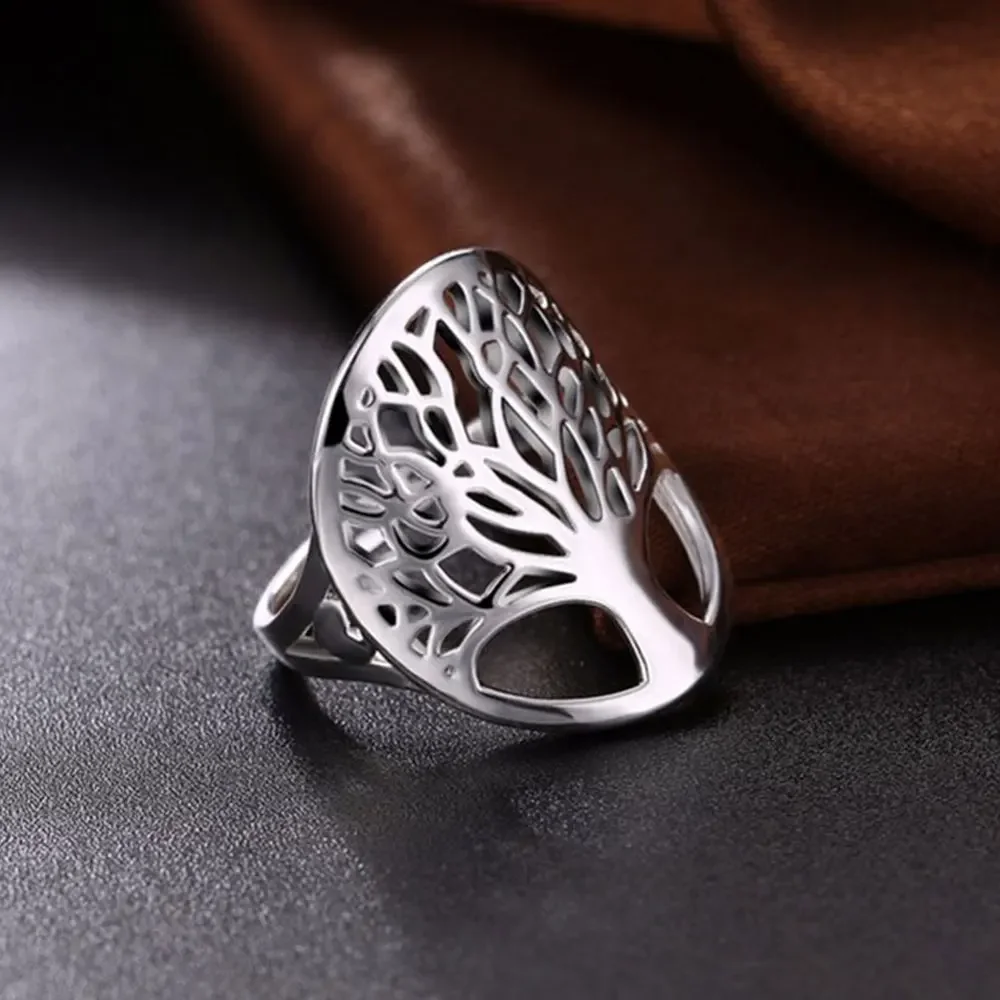 YILUOCD 925 Sterling Silver Tree Of Life Ring Hollow Round Geometric Ring For Women Vintage Amulet Jewelry Anniversary Gifts