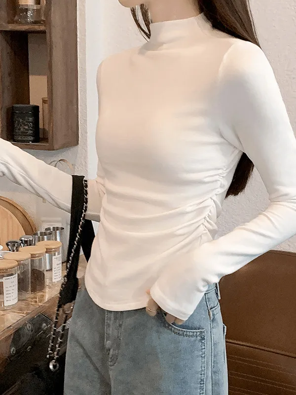 Calda maglietta coreana a collo alto Sle f in puro colore invernale Slim Fit Abbigliamento interno Base pieghettata irt per le donne Ciwalk