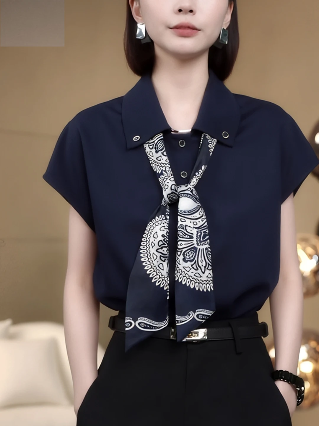 

Faionable Comfortable Slimming Summer 2025 Women's T-irt Turn-down Collar ort Sve Design Sensation Trendy Top