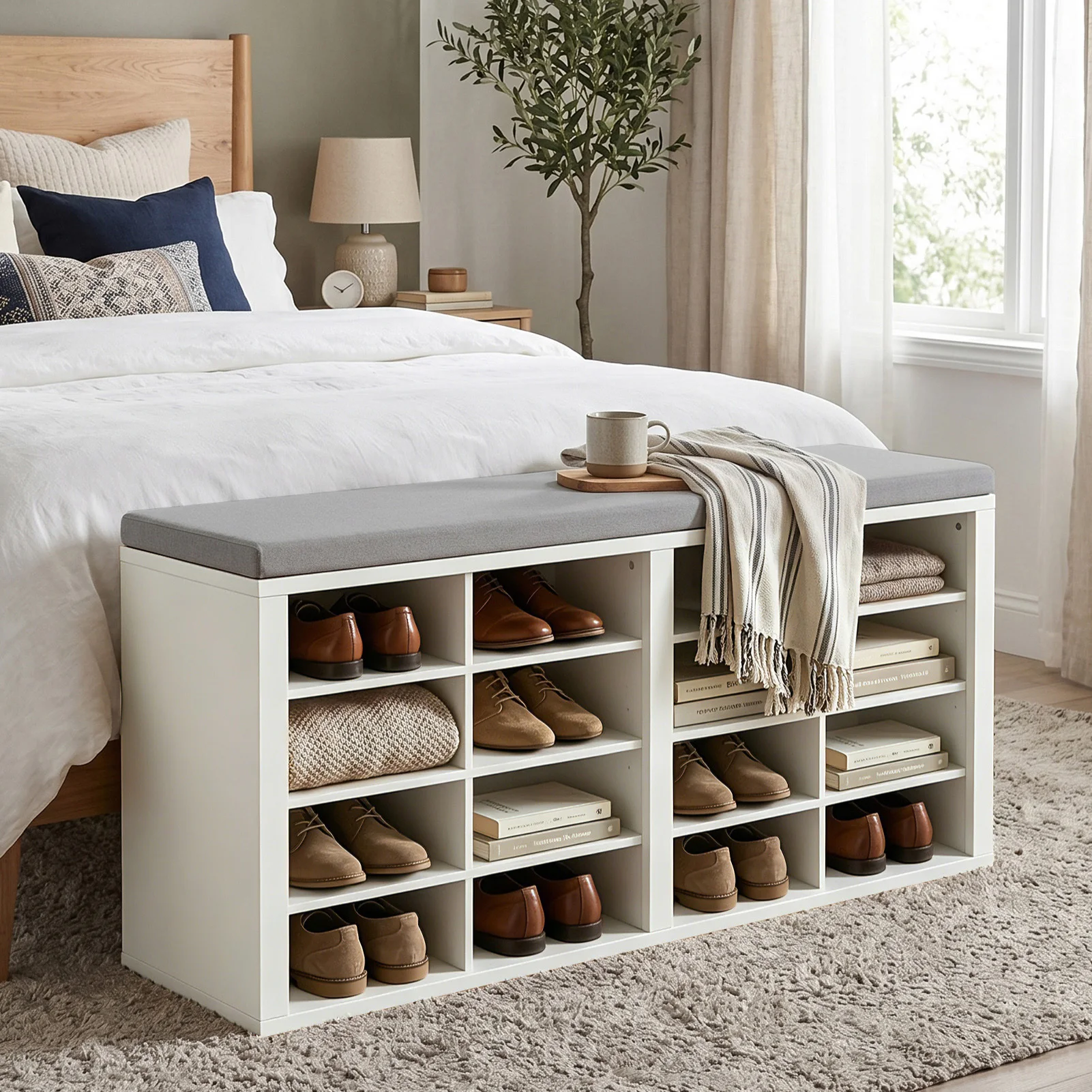 

Shoe Storage Bench with Cushion 16 Cubby Shoe Rack Multifunctional Shoe Organizer Bench for Entryway Hallway Living Room Bedroom