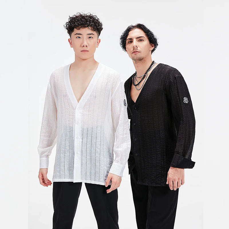 

Новинка 2025 года, рубашки для латинских танцев для мужчин, тренировочная одежда с длинными рукавами, самба, чача, танго, топы для взрослых, мужские топы для латинских выступлений XH3596