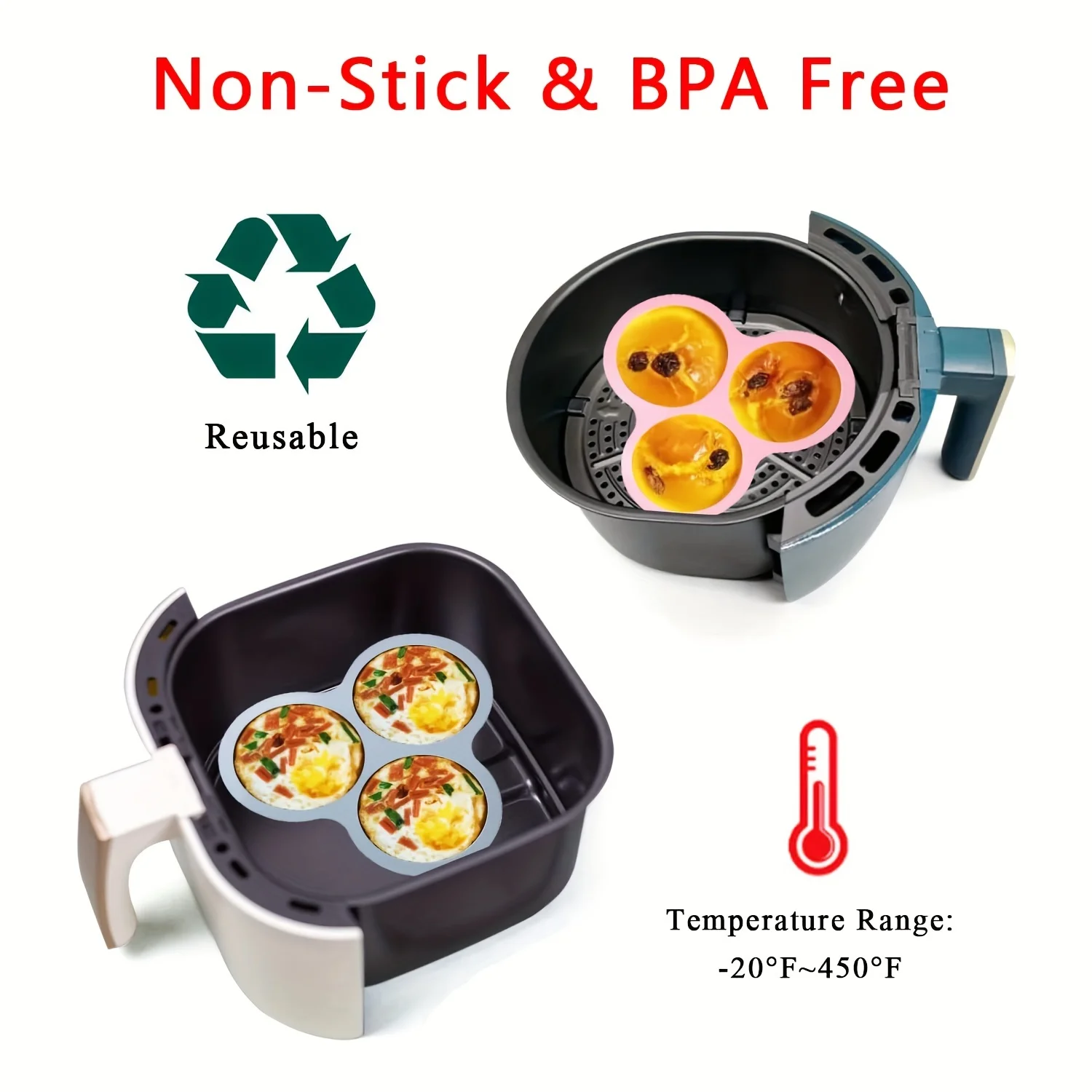 Reusable Air Fryer Egg Mold Non-Stick Air Fryer Baking Pan 3 Cavity Silicone Muffin Pans for Baking Hamburger Bun Pan Bakeware