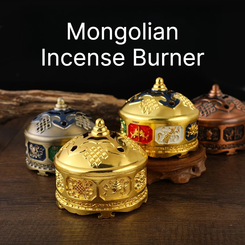 Eight Auspicious Symbols Mongolian Incense Burner Ethnicity Exquisite Piece Alloy Buddha Statues Golden Painted Incense Burner