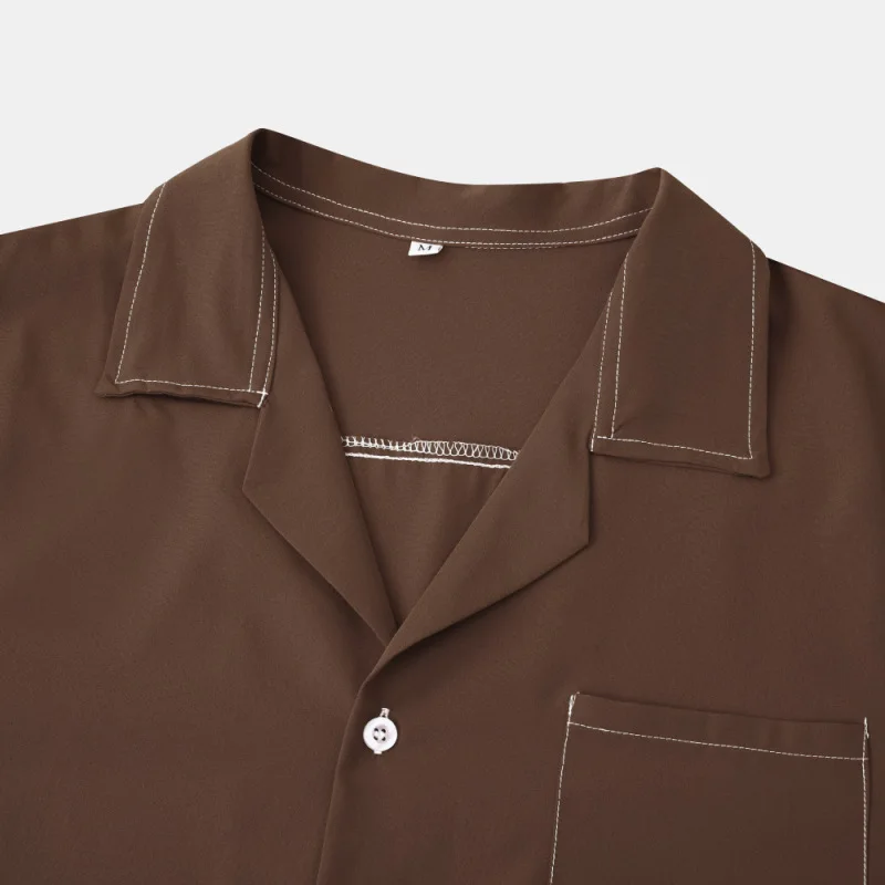 Pijamas de manga larga con cuello cubano para hombre, camisa de ocio para vacaciones en casa, Color sólido, café oscuro, 2023