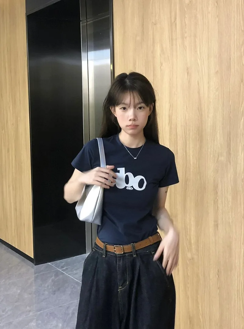 Cseta de Manga Corta Ajustada Estilo Hip Hop para Mujer, Informal, Versátil, Estilo Coreano, Hombros Regulares, Color Azul...