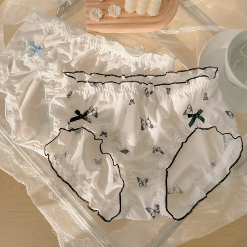 Japanese-style Plus Size Panties Couple Bow kawaii Lolita Underwear Ruffled Comfort Mid Waist Briefs Underpants Sissy Lingerie