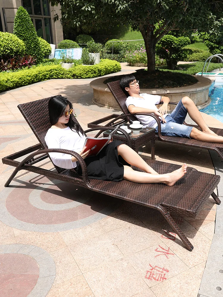 Outdoor beach chair folding lounger bed balcony outdoor leisure chair rattan garden rattan chair