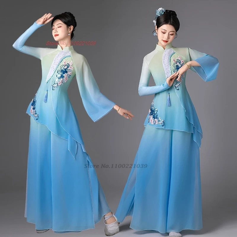 

2026 chinese vintage dance dress costume traditional flower embroidery mesh qipao tops+pants set folk dance performance dress