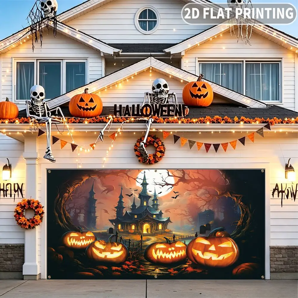 1pc 2D FLAT Halloween Party Garage Banner, Halloween Pumpkin Haunted Castle Scene Pattern, Decorative Polyester Banner