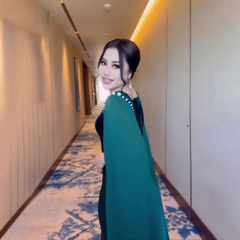 2025New Year's New Satin Splicing Elegant Large Swing Sleeve Pearl Long Slim Dress