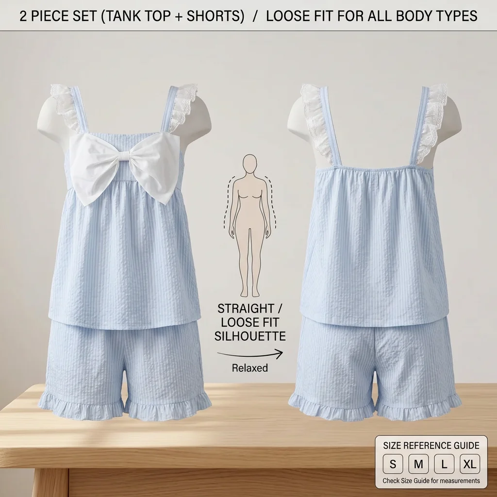 Pajama Set Women Light Blue Camisole Shorts Bow Ruffle Trim Summer Sleepwear Soft Comfy Breathable Lounge Nightwear Cozy