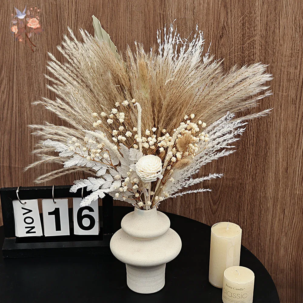 40 Pieces Dried Pampas Reeds Palm Leaves Bundle Boho Chic Home Decor Natural Flowers Baby's Breath Bouquets Country Arrangement - Detail 1