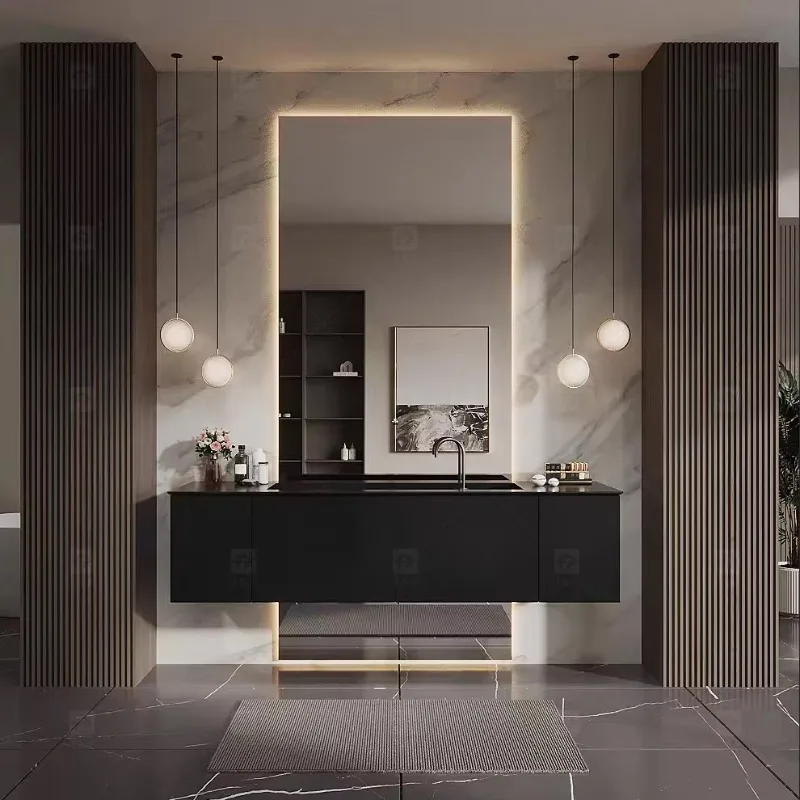 

[Hot Sale] Customized Modern Hotel Floating Wood Bathroom Vanity Cabinet With Sintered Stone Top And Smart LED Mirror