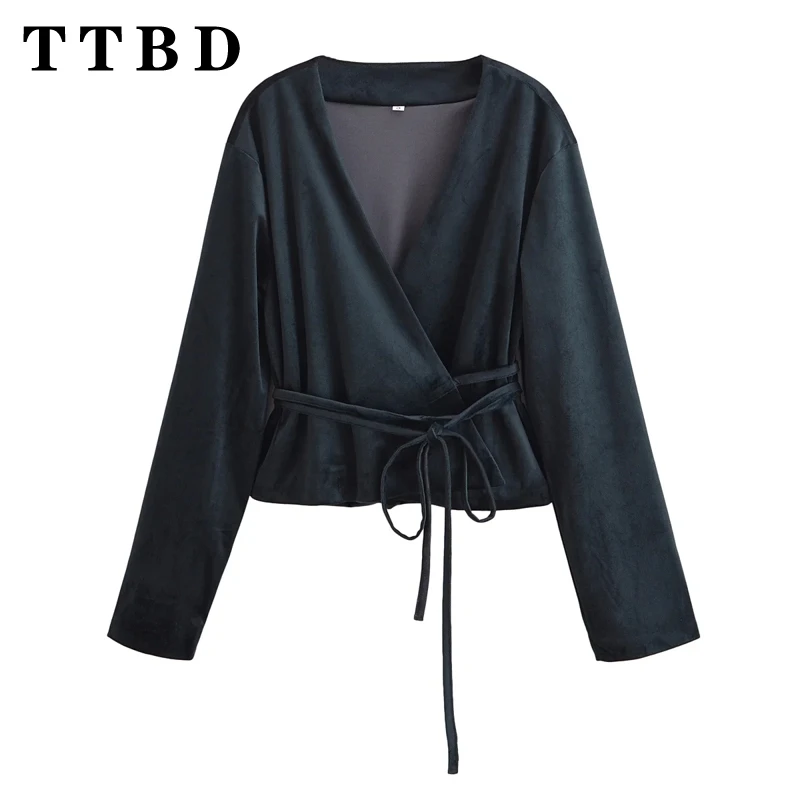 TTBD 2024 Autumn New Female Chic Lace Outerwear Jacket Sophisticated Woman V-Collar Long Sleeve Two-piece Regular Fit Velvet Top