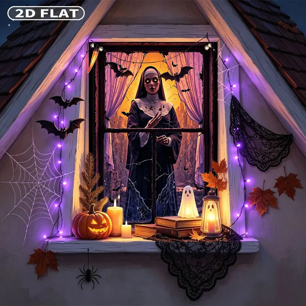 2D FLAT 1pc Party Window Cover Banner, with Glowing Eyed Nun Behind Cracked Window Pane, No Power Need Home Decor