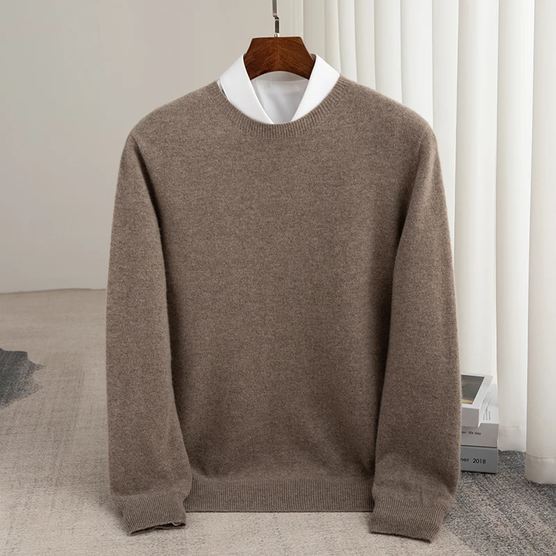 Herbst und Winter 100 % reine Wolle Herren dicker Rundhals Slim-Fit O-Ausschnitt Pullover langärmeliger gestrickter Kaschmirpullover