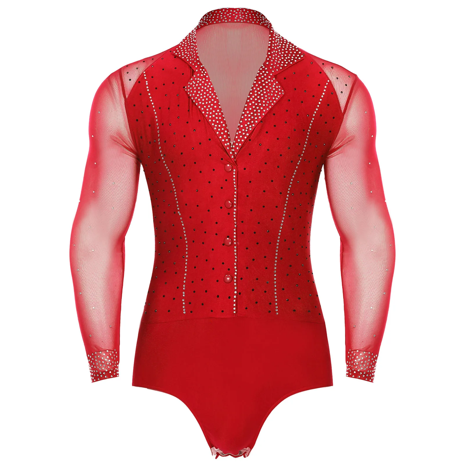 Mens Gymnastics Leotards Latin Tango Ballroom Dance Leotard Sheer Mesh Splice Skating Jumpsuit Rumba Sparkly Rhinestone Bodysuit