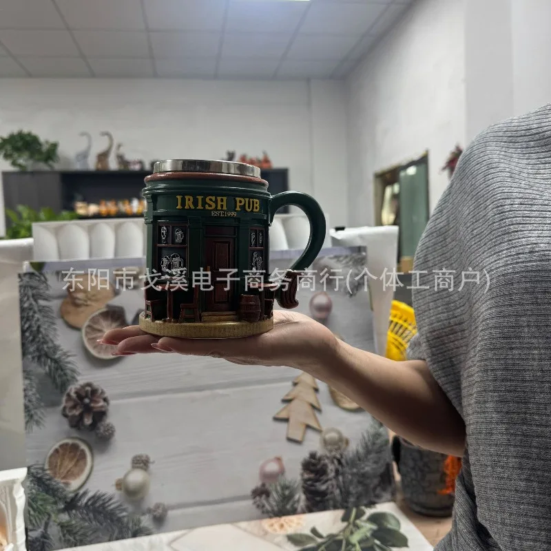 

Retro Irish Bar Stainless Steel Coffee Mug Architectural Style Espresso Beer Cup for Table Decoration Unique Christmas Gift