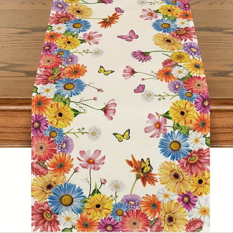 Summer Daisy Butterfly Linen Table Runner Fall Seasonal Festivities Dresser Scarf Table Decor Kitchen Dining Wedding Party Decor