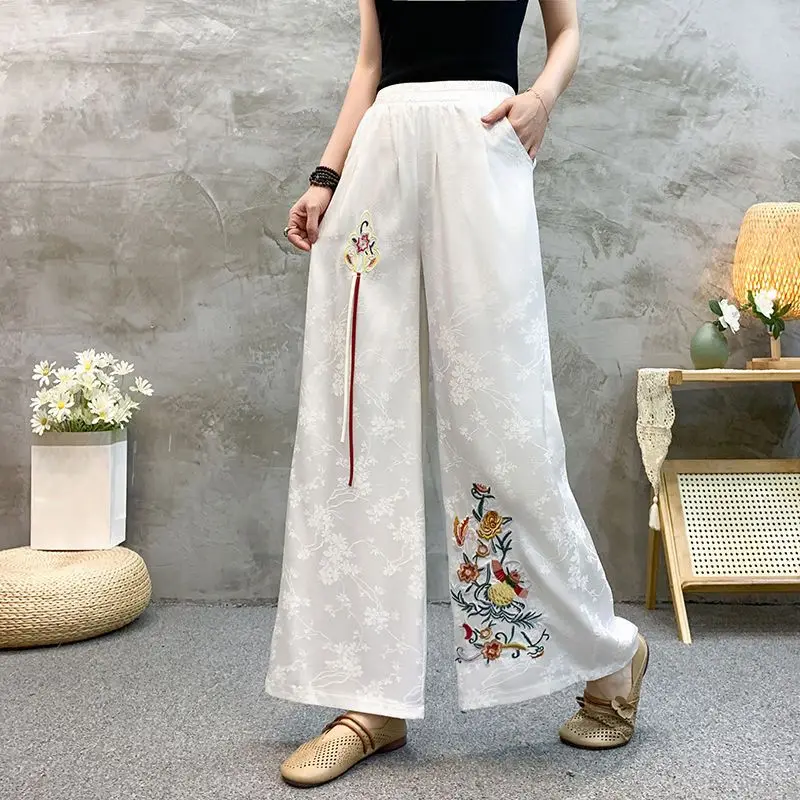 Satin Jacquard Wide-leg Pants 2026 Spring Summer Women Chinese Style Tassel Embroidered Pants Woman Lace-up Waist Loose Trousers