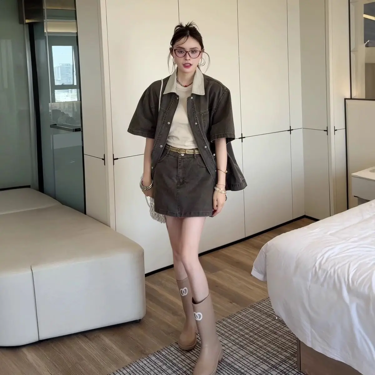 

Spring Summer 2026 Women's ort Sve Denim Jaet And A-Line Skirt Two-Piece Set Casual Sle High Waist Loose Fit