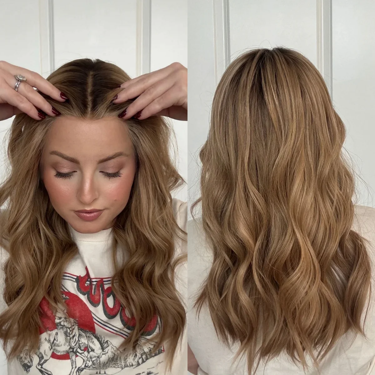 Ombre Honey Brown Streaks Destacados Mezcla de cabello humano Fibra sintética Onda suelta Pelucas sin pegamento Disfraz Mujer Pelucas de fiesta diarias