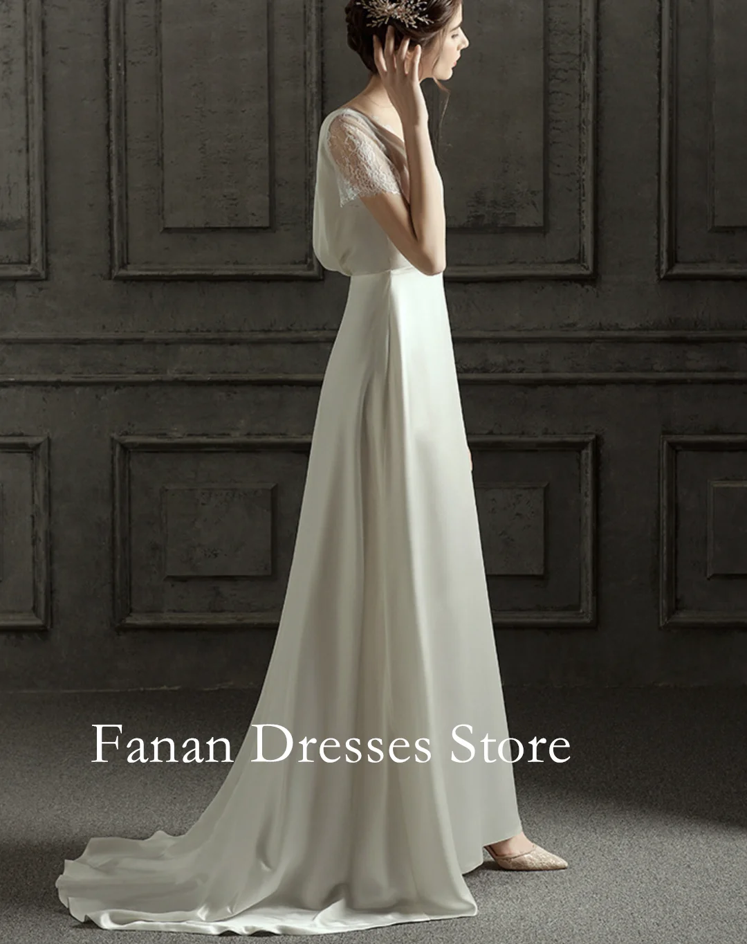 Suknie ślubne FANAN Korea z dekoltem w serek, trenem, krótkimi rękawami, proste, jedwabna satyna, odkryte plecy, koronkowe, 웨딩드레스, kolor ivory, na zamówienie