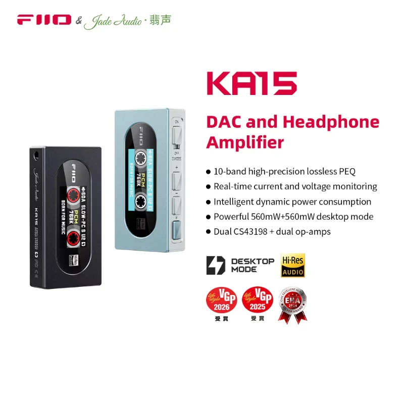FiiO KA15 Portable USB DAC AMP Headphone Amplifier Dongle Hi‑Res Audio Dual CS43198 Chips PCM768 DSD256 For Phone Audiophile