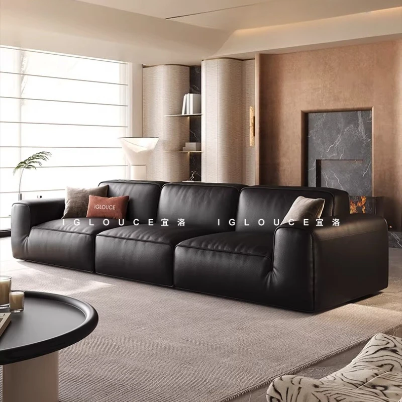 Italian Style Minimalist Leather Sofa Black Genuine Leather Couch Modern Modular Sectional for Living Room & Home