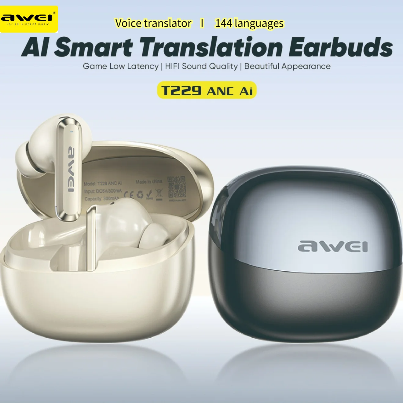 Auriculares Traductores de Voz Instantáneos AWEI T229, Auriculares Intrauditivos Bluetooth ANC HiFi Inalámbricos TWS para Viajes, Música y Juegos