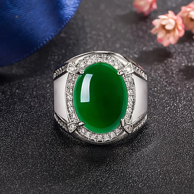 Classic Men Ring 925 Silver Jewelry Oval Shape Emerald Zircon Gemstone Open Finger Rings for Wedding Engagement Party Ornaments